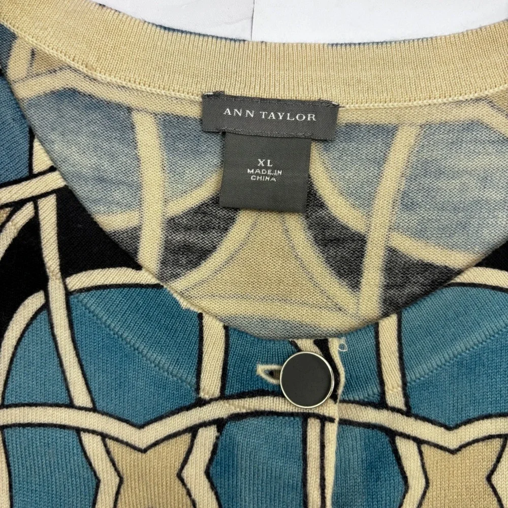 Ann Taylor Geometric Link Print Cardigan Sweater Blue‎ Black Tan XL 3/4 Sleeve